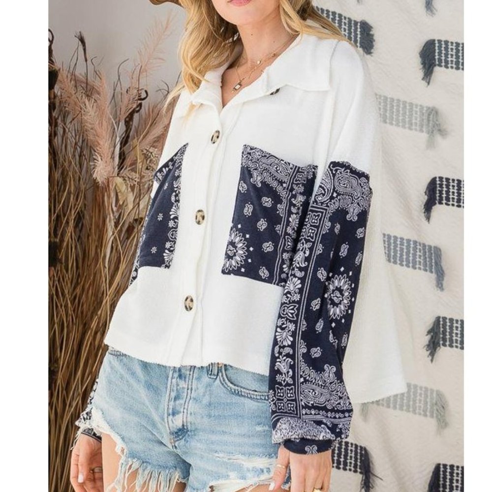 Cropped Navy Paisley & White Shacket - Picture 4 of 5